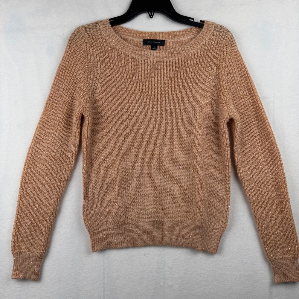 Ann Taylor Beige Sequin Sparkle Knit Sweater Womens Small Crewneck Raglan 422139